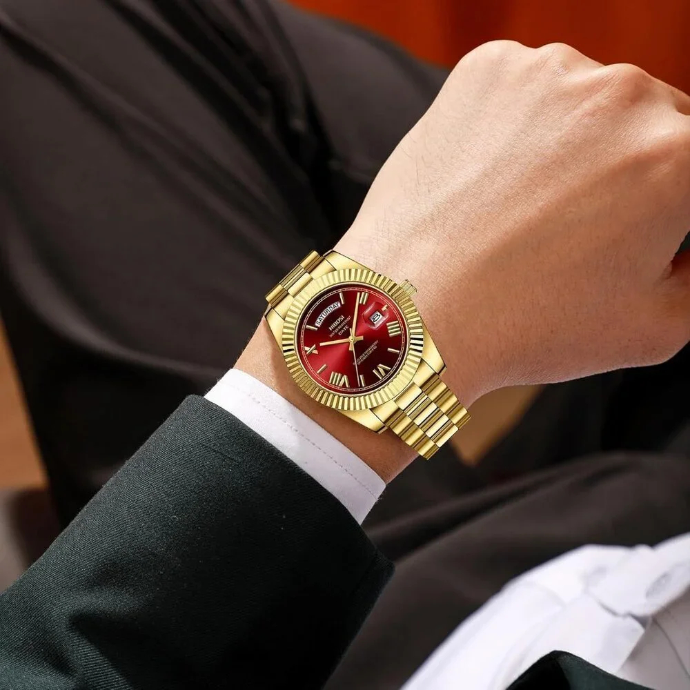Men's Gold Red Stainless Steel Analog Classic Design Stylish Wrist Dress Watch